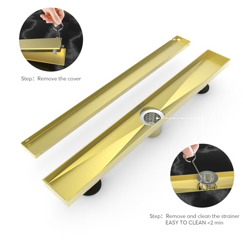 32-Inch Linear Shower Drain with Tile Insert Grate, Brushed Gold Rectangle Floor Drain 304 Stainless Steel Including Hair Strainer - color: Gold, size: 32 IN