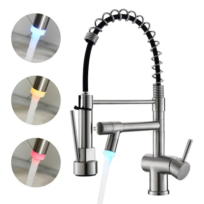 VFAUOSIT Kitchen Faucet with Pull Down Sprayer, Brushed Nickel LED Light | Dual Outlets, Hands-Free Spray Lock, 360° Swivel, cUPC/CEC Certified, 10-Minute Tool-Free Setup, Ceramic Disc Valve - color: Brushed Nickel-04
