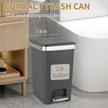 UUJOLY Small Bathroom Trash Can with Lid Step Pedal, 2.6 Gallon, Dark Grey | Soft-Close Sturdy Garbage Can + 3 Rolls Trash Bags, For Bathroom, Kitchen, Bedroom, Office, Dorm, Laundry, RV - color: Dark Grey