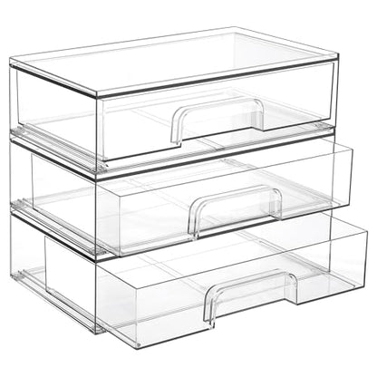 Vtopmart 12.1''W Clear Stackable Storage Drawers,3 Pack Acrylic Plastic Organizers Bins for Makeup Palettes, Cosmetics, and Beauty Supplies,Ideal for Vanity, Bathroom,Cabinet,Desk Organization | Clear Pull-Out Plastic Drawers, Stackable Design for Makeup