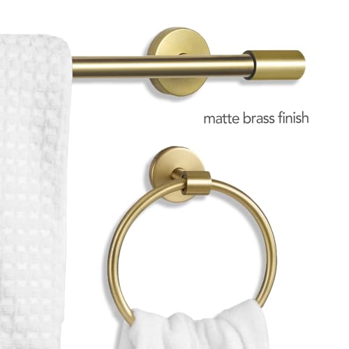 GLOBE Electric 63000063 5-Piece All-in-One Bathroom Set, Matte Brass Finish, 3-Light Vanity Light, Glass Shades, Towel Bar, Toilet Paper Holder, Towel Ring, Robe Hook, Bathroom Lights Over Mirror - color: Brass