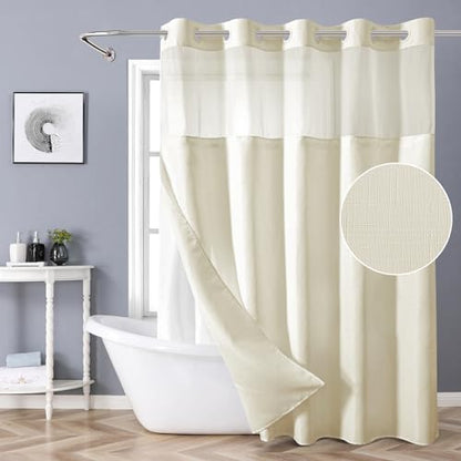 eachope Long No Hook Slub Textured Shower Curtain with Snap in Liner,71x77 | Cream Fabric Outer + Waterproof Inner Liner, Hotel Style with See-Through Top Window for Bathroom, Apartment,RV - color: Cream, size: 71"W x 77"L (Pack of 1)