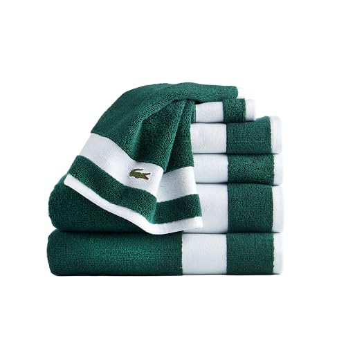 Lacoste Sport Stripe 6-Piece Luxury Cotton Towel Set – Made with 100% Soft Supima Cotton, Absorbent & Quick-Drying, Includes 2 Bath Towels, 2 Hand Towels, 2 Washcloths, Croc Green - color: Croc Green