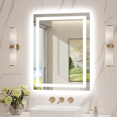 LED Mirror for Bathroom 24x32 Lighted Bathroom Vanity Mirrors with Lights, Brighter Frontlit and Backlit Anti-Fog Mirror, Tempered Glass, Dimmable 3 Colors Light Modes, Memory Function - size: 24"L x 32"W