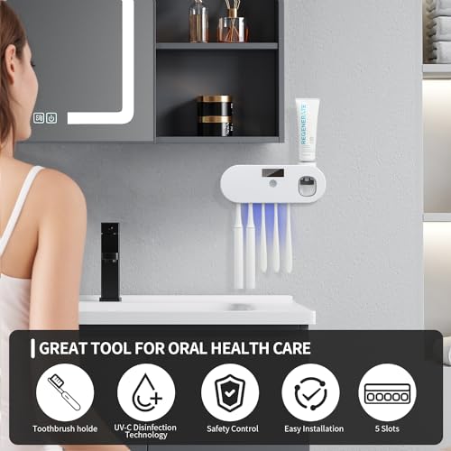 Toothbrush Holders - OVAS HOO Toothbrush Holder for Bathroom 5 Toothbrush Slots Toothbrush Holder Wall Mounted with Toothpaste Dispenser Chargeable Tooth Brushing Holder (White)