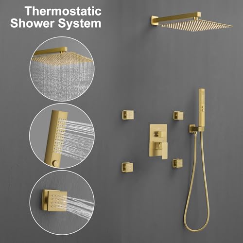 RUMOSE Rainfall Shower System with 4 Full Body Jet 4 Mode Shower Faucet Set | 12 Inch Rain Shower Head, 2 in 1 Handheld Spray, Brushed Gold Brass Shower Jet Shower Fixtures, Wall Mounted - color: Brushed Gold