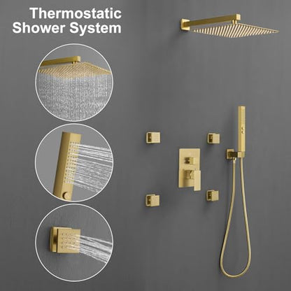 RUMOSE Rainfall Shower System with 4 Full Body Jet 4 Mode Shower Faucet Set | 12 Inch Rain Shower Head, 2 in 1 Handheld Spray, Brushed Gold Brass Shower Jet Shower Fixtures, Wall Mounted - color: Brushed Gold