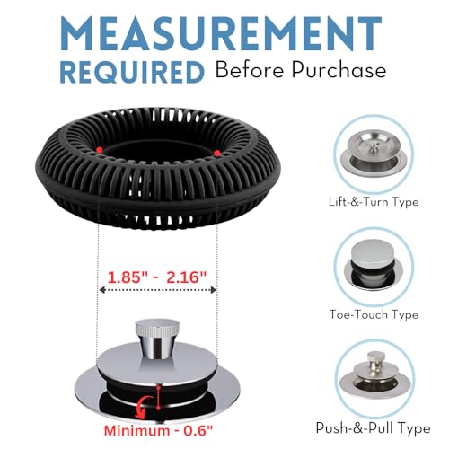 TubRing Pop-Up Drain Protector & Strainer Silicone Hair Catcher, Black | Easy snap-in design fits around bathtub stoppers. Customizable utility guard for clog prevention. Fits 1.85"- 2.16" drains. - color: Black