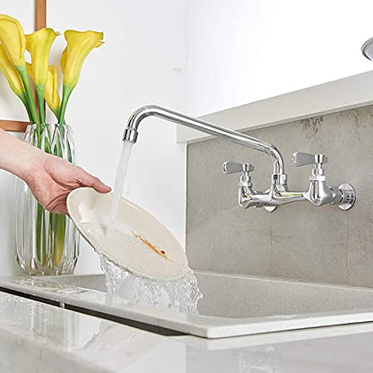 Wall Mount Kitchen Faucet with 12 Inch Swivel Spout, Chrome | Lead-Free Brass,Dual Handle Hot/Cold,8" Center,3 Compartment Commercial Faucet for Kitchen Laundry Room Restaurant - size: 12 Inch