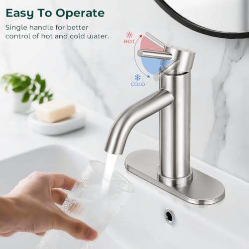 Bathroom Faucet, Single Handle Vanity Sink Faucet, Brushed Nickel | Brushed Nickel, for 1/3-Hole, Stainless Steel, Ceramic Cartridge, Pop-Up Drain, Deck Plate, For Vanity Powder Laundry - color: Brushed Nickel