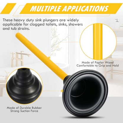 4 Pcs Heavy Duty Toilet Plunger with Long Wooden Handle Force Suction Cup 26.38"x5.51" Black Rubber Toilet Plunger Removes Clogs Without Holder for Bathroom Drains Sink