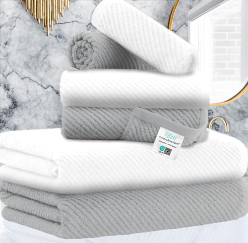 VOOVA & MOVAS 6PC Towel Set, 100% Cotton, Grey White | 2 Large Bath Towels 30x56 In, 2 Hand Towels 18x28 In, 2 Washcloths 13x13 In, Soft, Quick Dry, Bathroom Essentials - color: Gray + White Mixed, size: 6 PC Bathroom Towel Set
