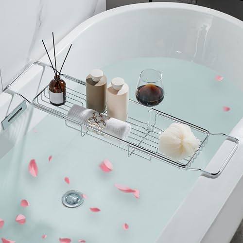 Stainless Steel Bathtub Caddy Tray, Expandable Bath Tub Table, Adjustable Bathroom Tray, Bath Organizer Tub Shelf,Silver,26.8~35.4in - color: Silver