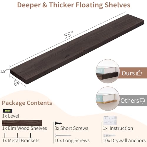 Floating Shelves for Wall, 56in Reclaimed Elm Wood Shelves, Walnut | 8" Deep Wall Shelf, Invisible Bracket, Large Long Wall Mounted Shelves, Living Room, Bedroom, Kitchen, Bathroom - color: Walnut Flat Edge, size: 55 inches - 1P
