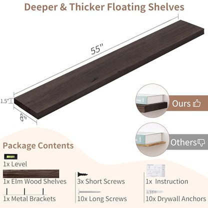 Floating Shelves for Wall, 56in Reclaimed Elm Wood Shelves, Walnut | 8" Deep Wall Shelf, Invisible Bracket, Large Long Wall Mounted Shelves, Living Room, Bedroom, Kitchen, Bathroom - color: Walnut Flat Edge, size: 55 inches - 1P