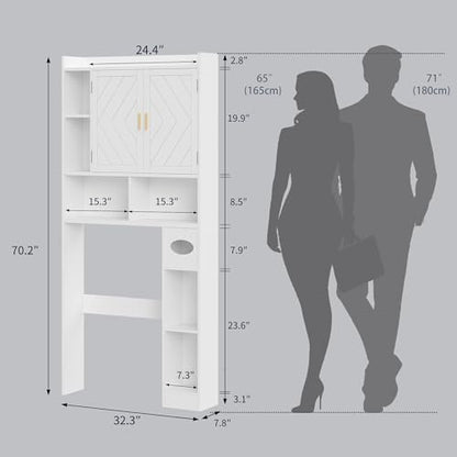 VECELO Over The Toilet Storage Cabinet, Storage Cabinet Over Toilet with Adjustable Shelves & Toilet Paper Holder Stand, Home Space-Saving Toilet Storage, for Bathroom, Restroom, Laundry, White - size: 32.3 inches x 7.8 inches x 70.2 inches