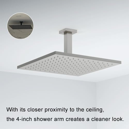 Brushed Nickel Shower Arm with Flange, 4 inch, Short | Universal Replacement Part for Ceiling-Mounted Square Straight Shower Head Extension Arm Pipe, Stainless Steel - color: Brushed Nickel