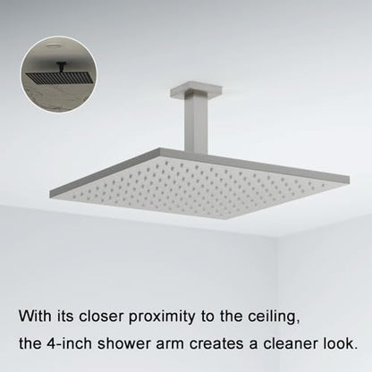 Brushed Nickel Shower Arm with Flange, 4 inch, Short | Universal Replacement Part for Ceiling-Mounted Square Straight Shower Head Extension Arm Pipe, Stainless Steel - color: Brushed Nickel