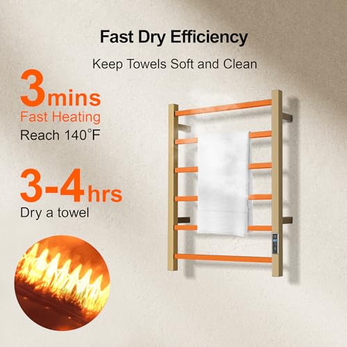 Electric Heated Towel Warmer - Wall Mounted Bathroom Towel Rack, Plug-in Design & Gold Brushed Stainless Steel 6 Bar Gold with Timer & Temperature Control - color: Square Gold With Timer, size: 6 Bar