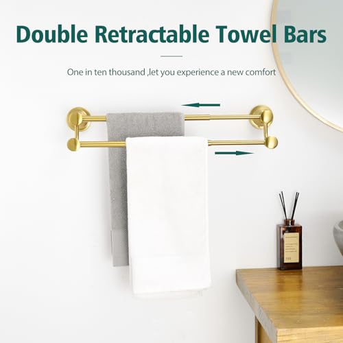 Hoimpro Double Towel Bar Towel Rack for Bathroom Wall Mounted Brushed Gold | Adjustable 16-26 In,Wall Mounted Towel Holder, Stainless Steel, Rustproof, Towel Rod Hanger Hardware Accessories Hotel - color: Brushed Gold