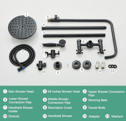 Rain Shower System Oil Rubbed Bronze Outdoor Shower Faucet Set with 8 Inch Rainfall Shower Head Handheld Spray 2 Cross Handles Wall Mounted Bathroom Shower Fixtures Solid Brass - color: Oil Rubbed Bronze, style: Two Modes