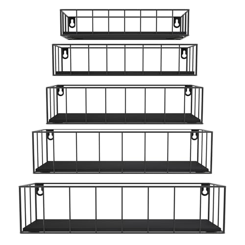 CRUGLA Black Floating Shelves Wall Mounted Set of 5, Hanging Wall Shelf with Rail for Bathroom, Bedroom, Living Room, Kitchen - color: Black