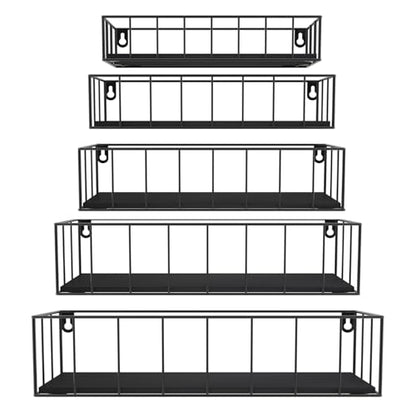 CRUGLA Black Floating Shelves Wall Mounted Set of 5, Hanging Wall Shelf with Rail for Bathroom, Bedroom, Living Room, Kitchen - color: Black