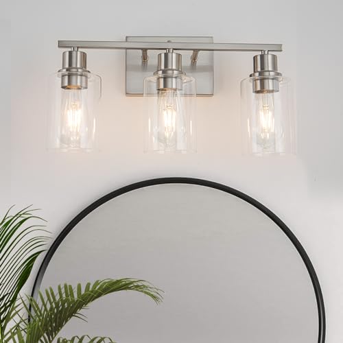 Bathroom Vanity Light Fixtures, 3-Light Brushed Nickel Bathroom Lights, Wall Sconces with Clear Glass Shade for Hallway Farmhouse Bedroom Living Room - color: Nickel 3-Light