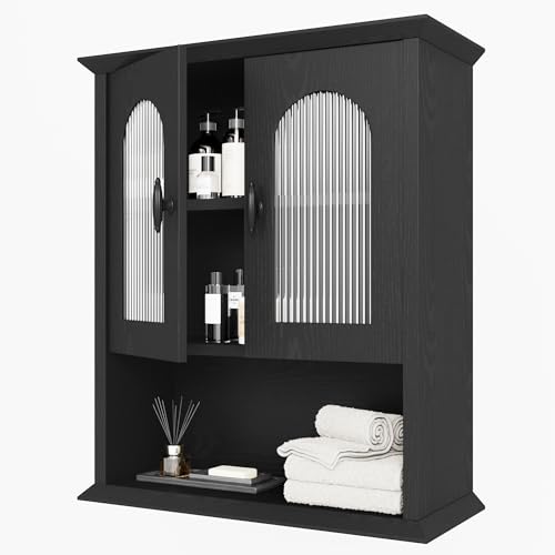 CJL Bathroom Wall Cabinet with Fluted Door, 18.9'' x 23.6'' Medicine Cabinet, Over The Toilet Storage Cabinet, Black - color: Black, size: 18.9''W x23.6''H x 9.2''D