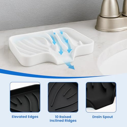 3 Pack Silicone Soap Dish with Drain - Bar Soap Holder for Shower, Bathroom and Kitchen Sink Organize (2Pack Black + 1Pack White)