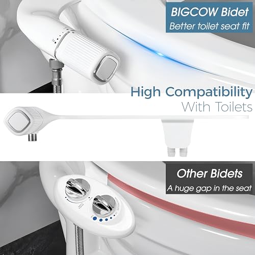 BIGCOW Ultra-Slim Bidet Attachment for Toilet - Dual Nozzle (Frontal & Rear Wash) with Adjustable Cold Water Pressure and Stainless Steel Inlet - Hygienic Solution for Fresh Cleanliness, Silver 1 Pcs - color: Silver