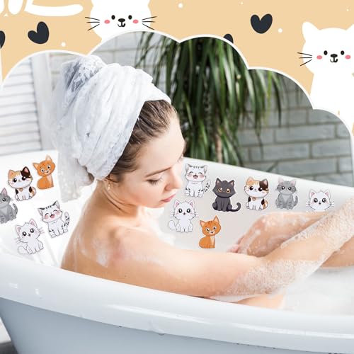 Yaomiao 24 Pcs Cat Bathtub Non Slip Stickers Bathroom Tubs Anti Slip Decal | Shiny, Sparkle, Glitter, Peva, 4.53inch, Easy Apply, Scraper, No Residue, for Shower Stairs Floor, Safety,Cute, Grip - style: Cat