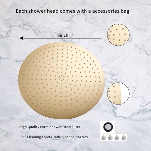 Round 6 Inch Stainless Steel Shower Head High Pressure Rainall Shower Head Brushed Gold Ultra Thin Design-Best Pressure Boosting with Silicone Nozzle Easy to Install - color: Brushed Gold, size: Round