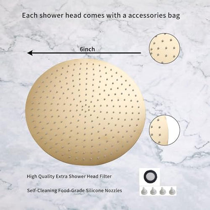 Round 6 Inch Stainless Steel Shower Head High Pressure Rainall Shower Head Brushed Gold Ultra Thin Design-Best Pressure Boosting with Silicone Nozzle Easy to Install - color: Brushed Gold, size: Round
