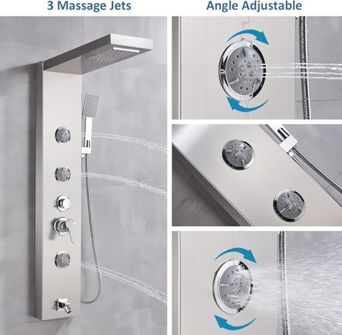 AlenArt Shower Panel Massage Jets Rainfall Waterfall Shower Head, Shower Stainless Steel Wall Mount Massage Multi-Function Bathroom Shower Panel Tower System, Brushed Nickel…… - color: Brushed Nickel