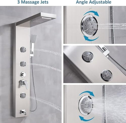 AlenArt Shower Panel Massage Jets Rainfall Waterfall Shower Head, Shower Stainless Steel Wall Mount Massage Multi-Function Bathroom Shower Panel Tower System, Brushed Nickel…… - color: Brushed Nickel