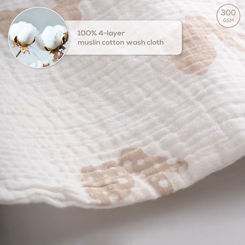 Muslin Baby Washcloths for Newborns, Pack of 8, 11"x11", Super Soft Cotton, Absorbent and Gentle, Baby Cotton Wipes, Baby wash Cloths - color: Beige and Rabbit