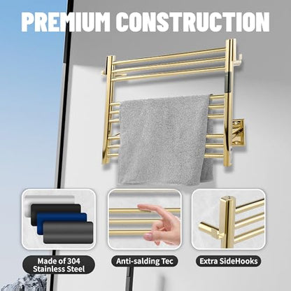 K&KALONZO Wall-Mounted 9-Bar Heated Towel Rack, Fast Heat in 2 Min, NTC Safety | 4 Timers & 3 Heat Levels Control, Plug-In/Hardwired, Top Hooks, Memory Function, Anti-Scald, Stainless Steel, EL13ST - color: Polished Gold, size: H 19.7 x W 23.6