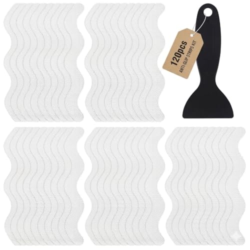 Anti Slip Shower Stickers, 120 Pieces Wavy Shower Floor Non Slip Stickers, Adhesive Decals Safety Strips with Scraper for Bath Tub, Shower Floor and Stairs (Clear) (120 Wavy) - size: 120 Wavy