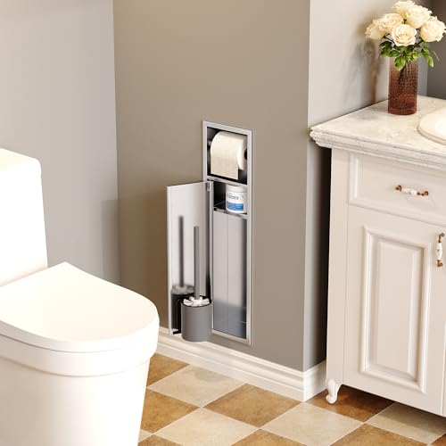 Qeke in Wall Toilet Brush Holder w/Cabinet, Brushed, 4" Depth | 304 Stainless Steel Rustproof Recessed Toilet Brush Holder, Tissue Paper Holder w/ Toilet Brush for Bathroom - color: Brushed Nickel