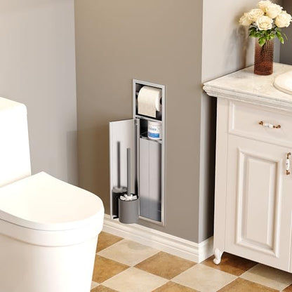 Qeke in Wall Toilet Brush Holder w/Cabinet, Brushed, 4" Depth | 304 Stainless Steel Rustproof Recessed Toilet Brush Holder, Tissue Paper Holder w/ Toilet Brush for Bathroom - color: Brushed Nickel