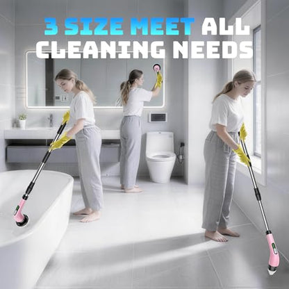 Highyes Electric Spin Scrubber for Bathroom, Upgrated Powerful IPX7 Waterproof Shower Scrubber with Extendable Long Handle A10D (Pink) | IPX7 Waterproof Shower Scrubber with Extendable Long Handle，Bathroom Cleaning Scrubber with 7 Reusable Brush Heads - c