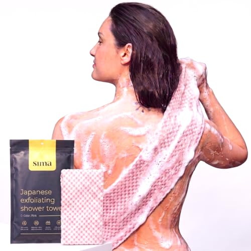 SIMA Exfoliating Face & Body Scrub Towel, 47" x 10" (Pink) | Japanese Exfoliating Washcloth with Hexagon Fibers, 2 Sides for Scrubbing & Washing, Extra Long Bath Towel - color: Pink