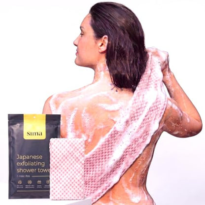 SIMA Exfoliating Face & Body Scrub Towel, 47" x 10" (Pink) | Japanese Exfoliating Washcloth with Hexagon Fibers, 2 Sides for Scrubbing & Washing, Extra Long Bath Towel - color: Pink