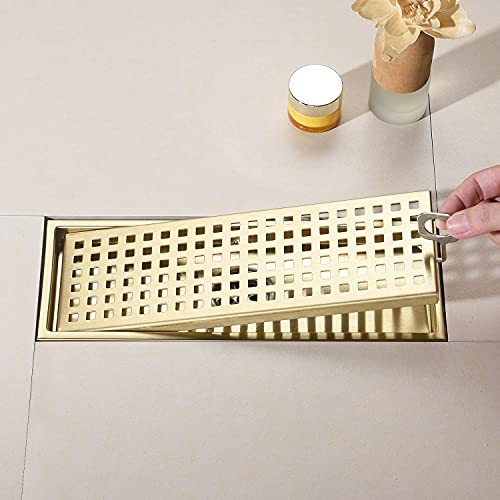 12 Inch Rectangular Shower Floor Drain, Can Be Detachably Inserted Into The Mesh Grille Cover, SUS304 Stainless Steel, Brushed Gold - color: Brushed Gold