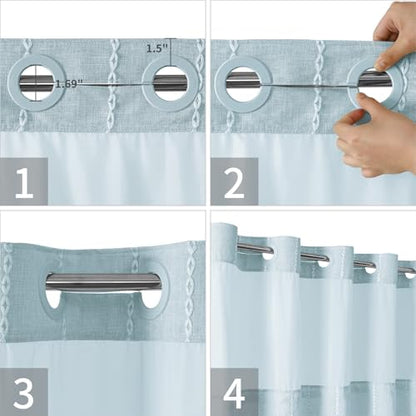 eachope No Hook Extra Long Shower Curtain Set with Snap-in Liner,Linen Textured Thick Striped Fabric with Tassels,Boho Chic Modern Farmhouse Bathroom Curtain,Water-Repellent,Fog Blue,71x86 | Linen Texture,230GSM Thick Fabric,Hotel Luxury Decor,Mesh Window