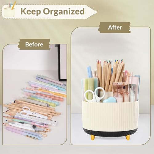 SKYDUE 360 Rotating Organizer, Dual-Purpose Pencil Pen Holder, 5-Slot Rotating Pencil Cup for Office, School, Home (Beige-Black) - color: BeigeBlack_1Pack
