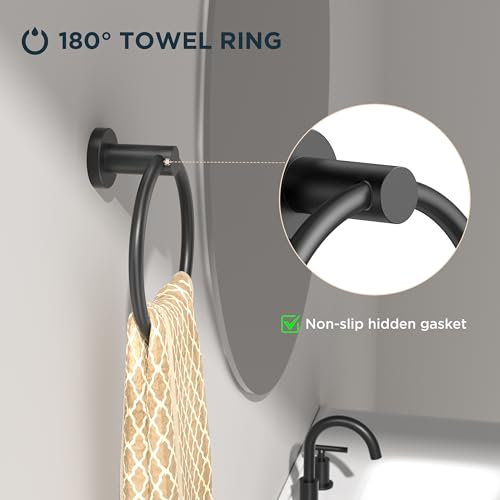 FORIOUS Towel Ring, SUS304 Stainless Steel Hand Towel Holder, Matte Black | Modern Hand Towel Holder Rack Hanger Round for Bathroom Wall Mounted, Ideal for Bathroom, Kitchen, RV - color: Matte Black