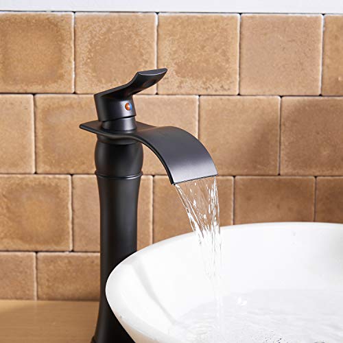 BWE Matte Black Bathroom Vessel Sink Faucet 1 Hole, Modern & Farmhouse | Single Handle, Wide Waterfall Spout, Ceramic Cartridge, Solid Brass Body, Pop-Up Drain & Water Line Included, Easy Install - color: Black
