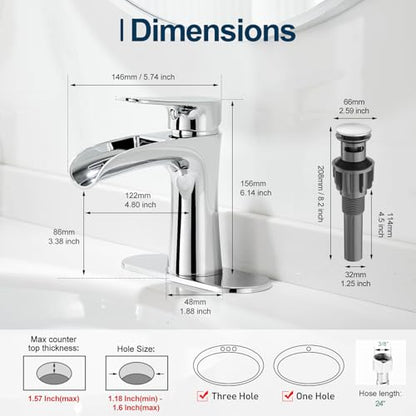 VOTON Chrome Bathroom Faucets Single Handle Waterfall Sink Faucet One Hole or Three Holes with Deck Mount Vanity Farmhouse RV Vessel Basin Faucet - color: B-Chrome, style: Without Drain